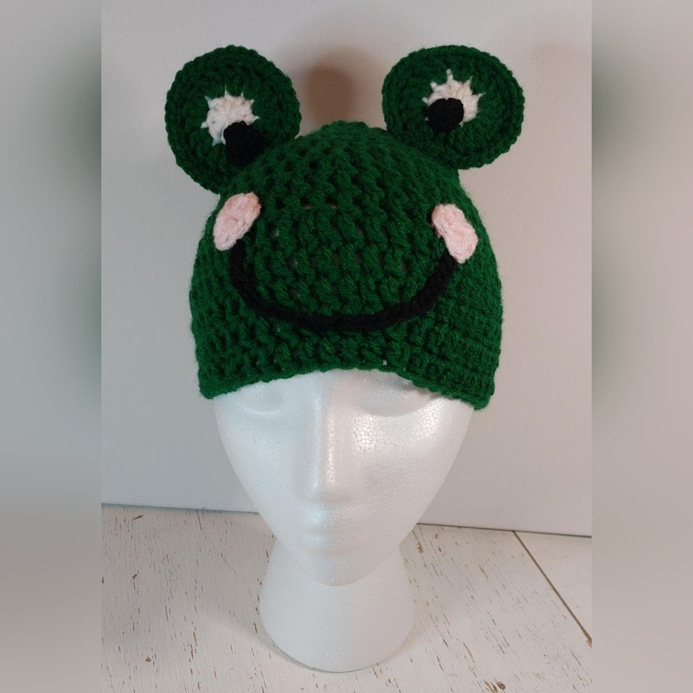 Frog Child Handmade Beanie Crochet Stocking Hat Animal Winter Warm Cozy - Picture 3 of 6